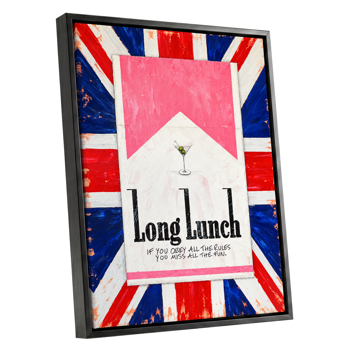 Long Lunch Rebellion, pink, white, blue abstract wall art shown as a black framed canvas wall art