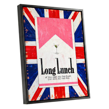 Long Lunch Rebellion, pink, white, blue abstract wall art shown as a black framed canvas wall art