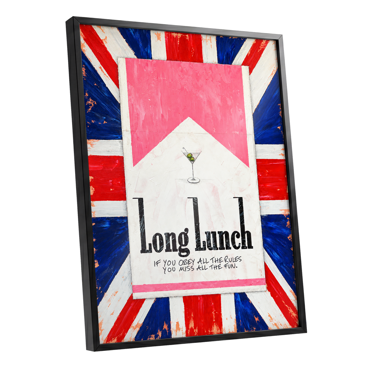Long Lunch Rebellion, pink, white, blue abstract wall art shown as a black framed poster wall art print