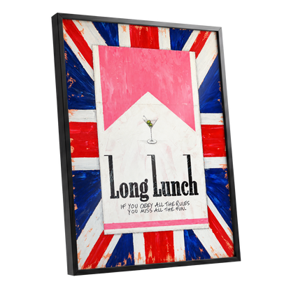 Long Lunch Rebellion, pink, white, blue abstract wall art shown as a black framed poster wall art print