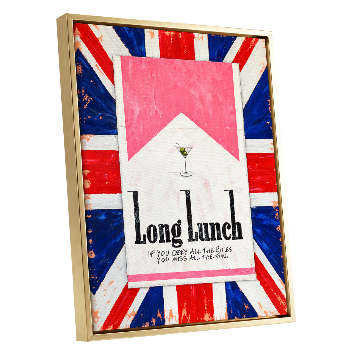 Long Lunch Rebellion, pink, white, blue abstract wall art shown as a gold framed canvas wall art
