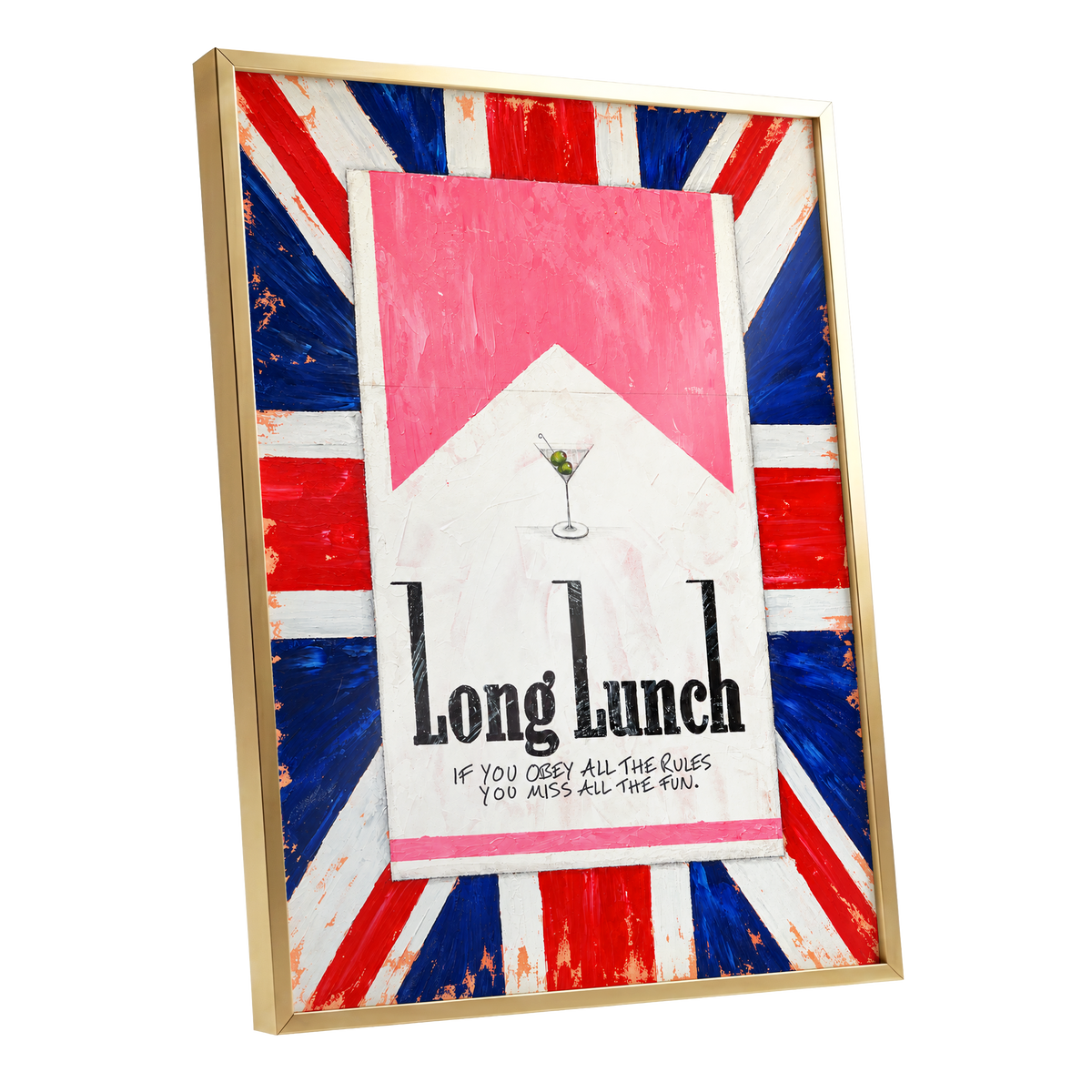 Long Lunch Rebellion, pink, white, blue abstract wall art shown as a gold framed poster wall art print