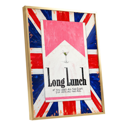 Long Lunch Rebellion, pink, white, blue abstract wall art shown as a gold framed poster wall art print