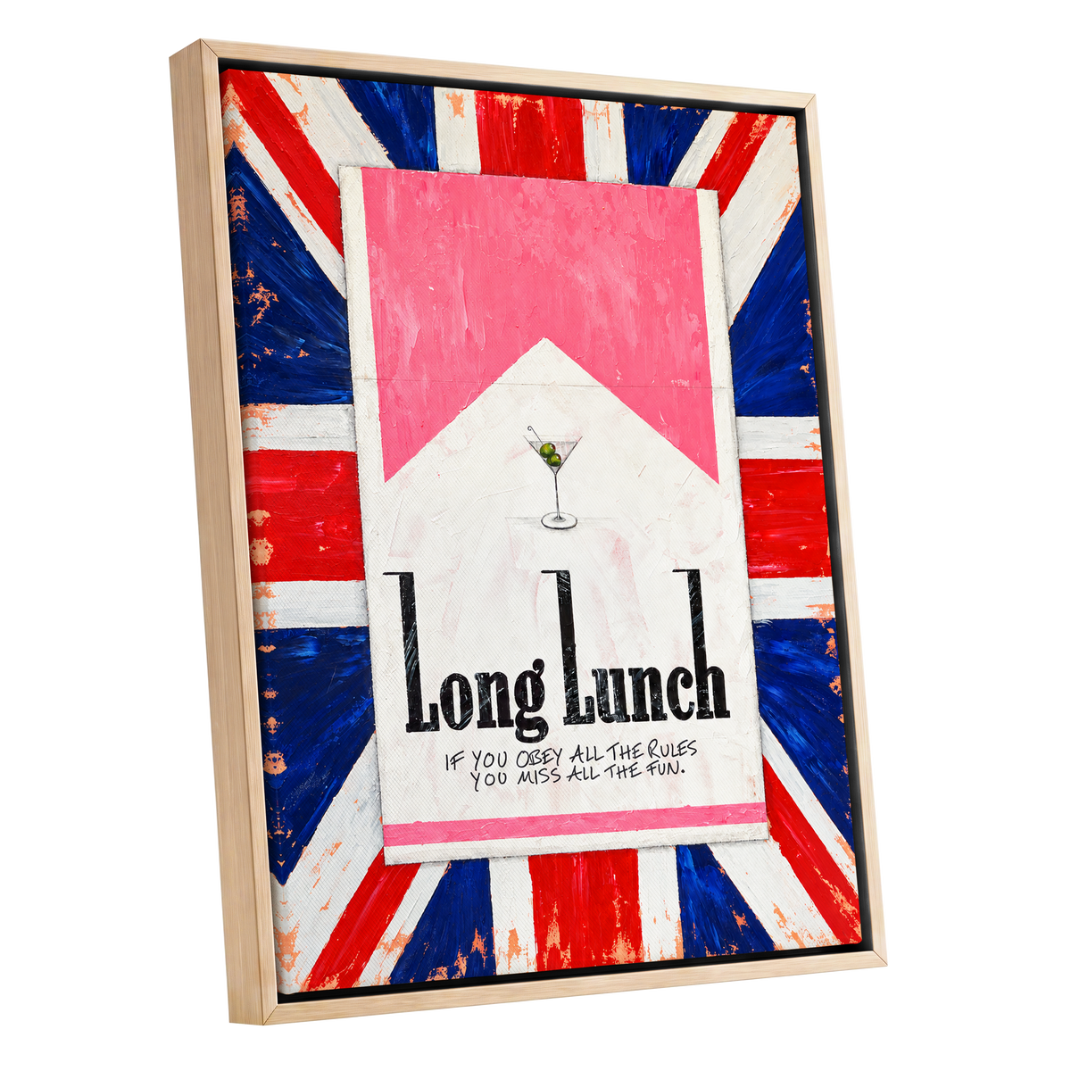 Long Lunch Rebellion, pink, white, blue abstract wall art shown as a oak framed canvas wall art
