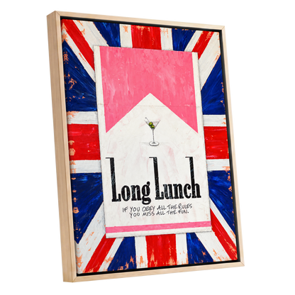 Long Lunch Rebellion, pink, white, blue abstract wall art shown as a oak framed canvas wall art