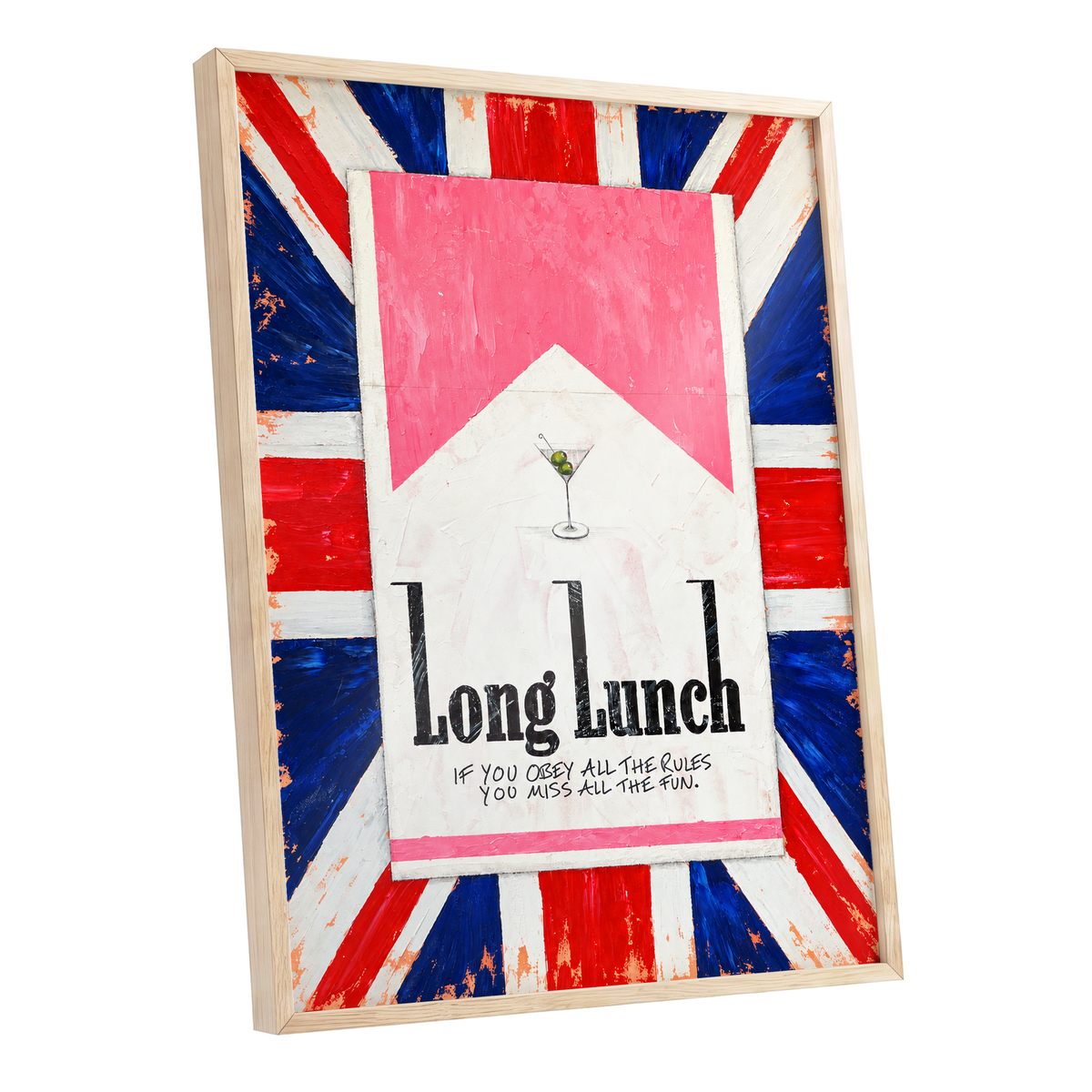 Long Lunch Rebellion, pink, white, blue abstract wall art shown as a oak framed poster wall art print