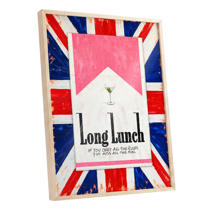 Long Lunch Rebellion, pink, white, blue abstract wall art shown as a oak framed poster wall art print