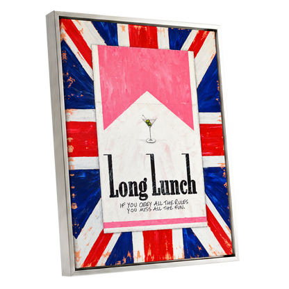 Long Lunch Rebellion, pink, white, blue abstract wall art shown as a silver framed canvas wall art
