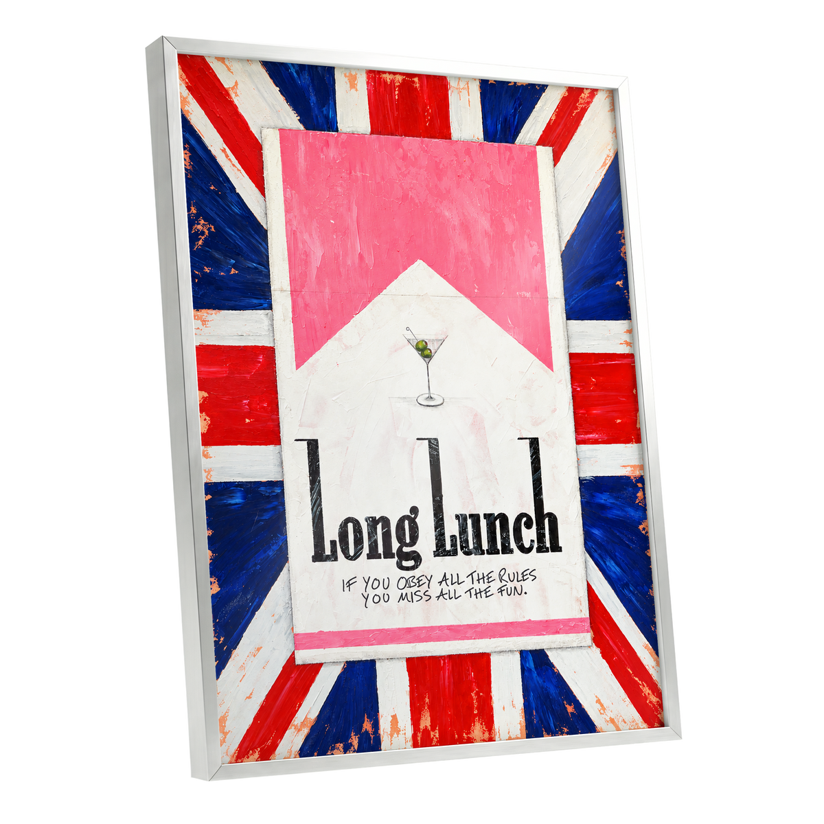 Long Lunch Rebellion, pink, white, blue abstract wall art shown as a silver framed poster wall art print