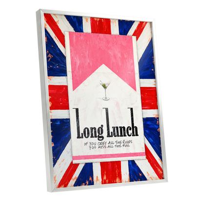 Long Lunch Rebellion, pink, white, blue abstract wall art shown as a silver framed poster wall art print