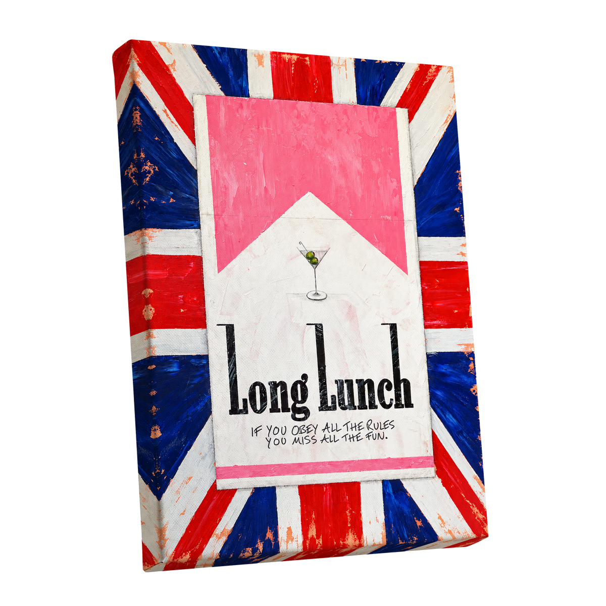 Long Lunch Rebellion, pink, white, blue abstract wall art shown as a stretched canvas wall art