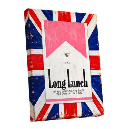 Long Lunch Rebellion, pink, white, blue abstract wall art shown as a stretched canvas wall art
