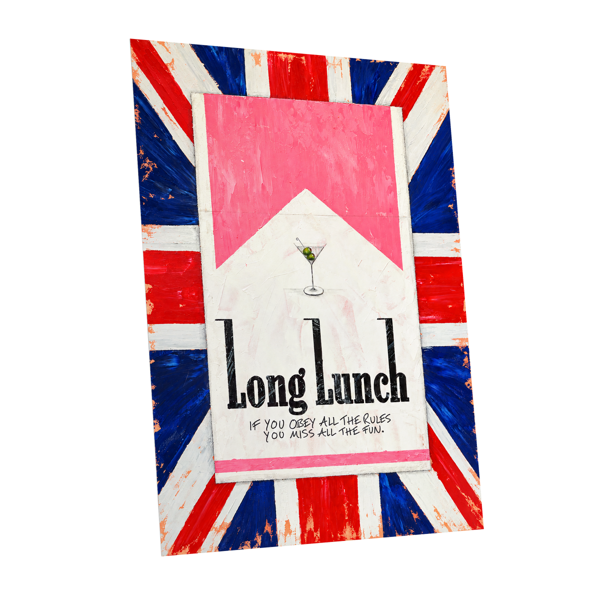 Long Lunch Rebellion, pink, white, blue abstract wall art shown as a unframed poster wall art print