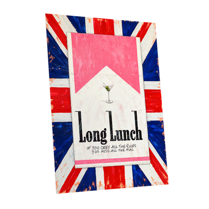 Long Lunch Rebellion, pink, white, blue abstract wall art shown as a unframed poster wall art print
