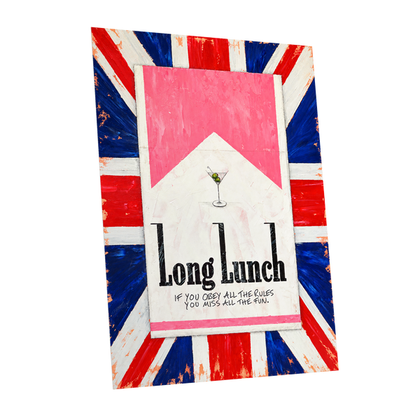 Long Lunch Rebellion, pink, white, blue abstract wall art shown as a unframed poster wall art print
