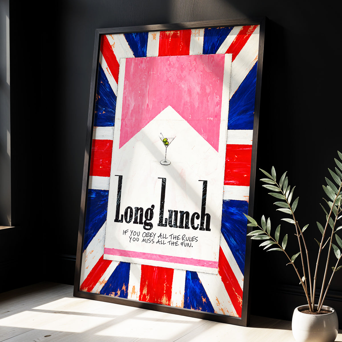 Long Lunch Rebellion, pink, white, blue abstract wall art displayed in a styled interior, gallery view 2