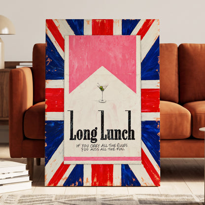 Long Lunch Rebellion, pink, white, blue abstract wall art displayed in a styled interior, gallery view 3
