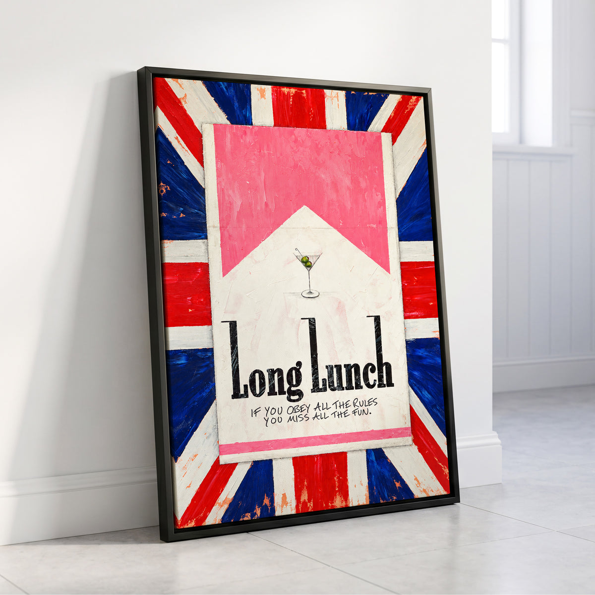 Long Lunch Rebellion, pink, white, blue abstract wall art displayed in a styled interior, gallery view 4