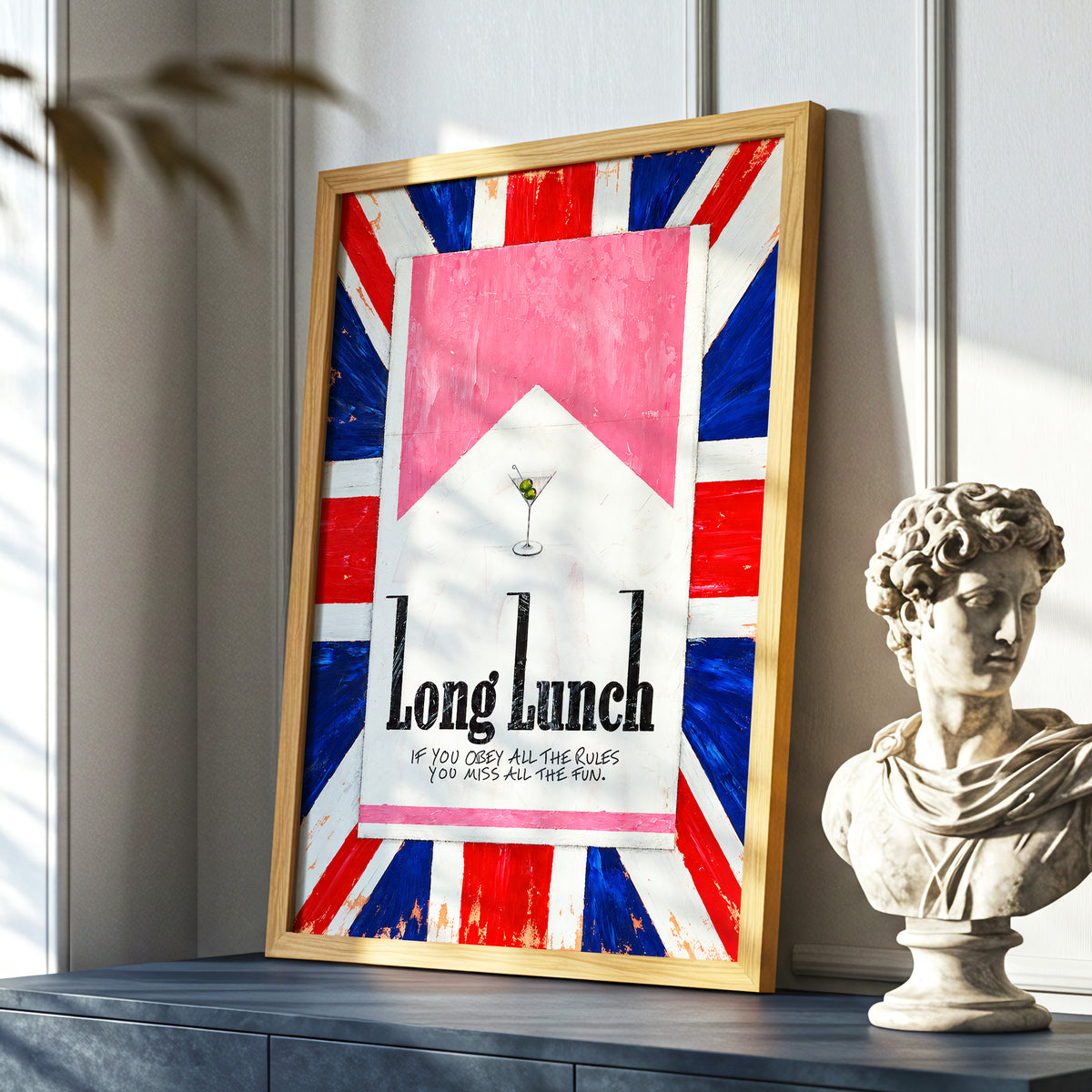 Long Lunch Rebellion, pink, white, blue abstract wall art displayed in a styled interior, gallery view 6