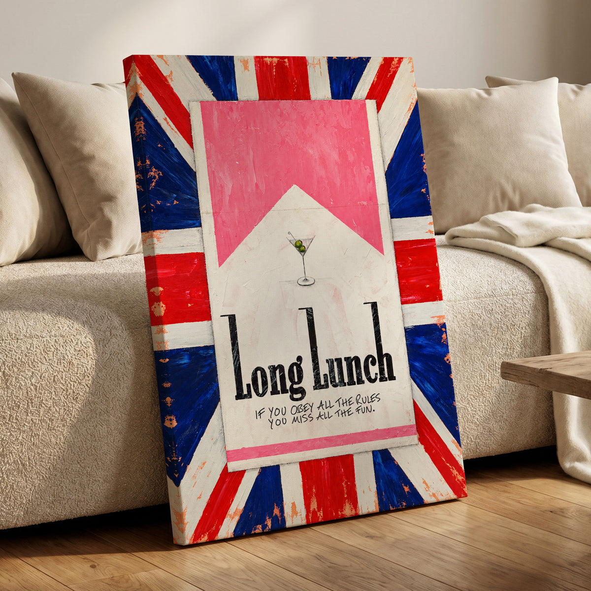 Long Lunch Rebellion, pink, white, blue abstract wall art displayed in a styled interior, gallery view 7