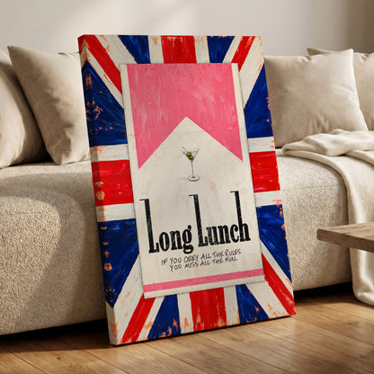 Long Lunch Rebellion, pink, white, blue abstract wall art displayed in a styled interior, gallery view 7