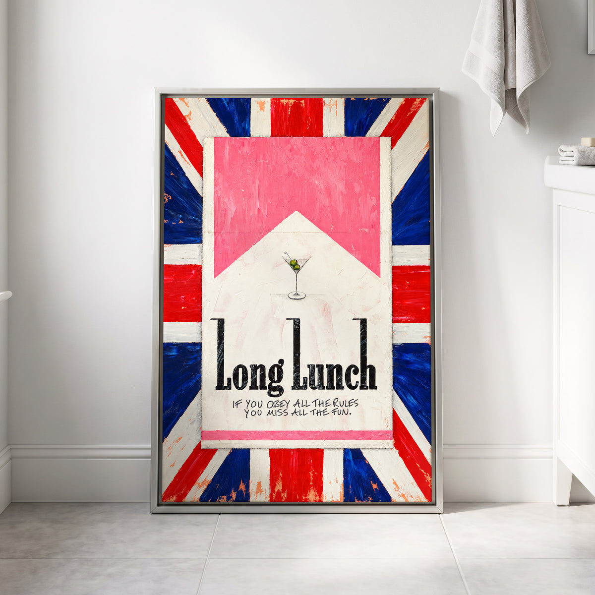 Long Lunch Rebellion, pink, white, blue abstract wall art displayed in a styled interior, gallery view 8