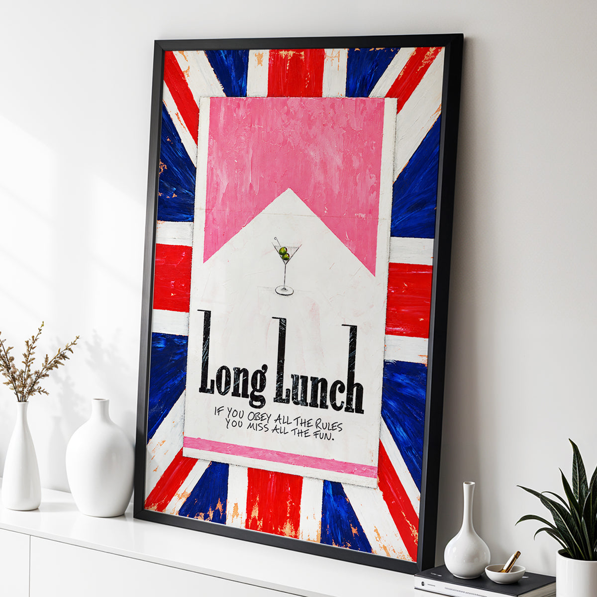 Long Lunch Rebellion, pink, white, blue abstract wall art displayed in a styled interior, gallery view 9