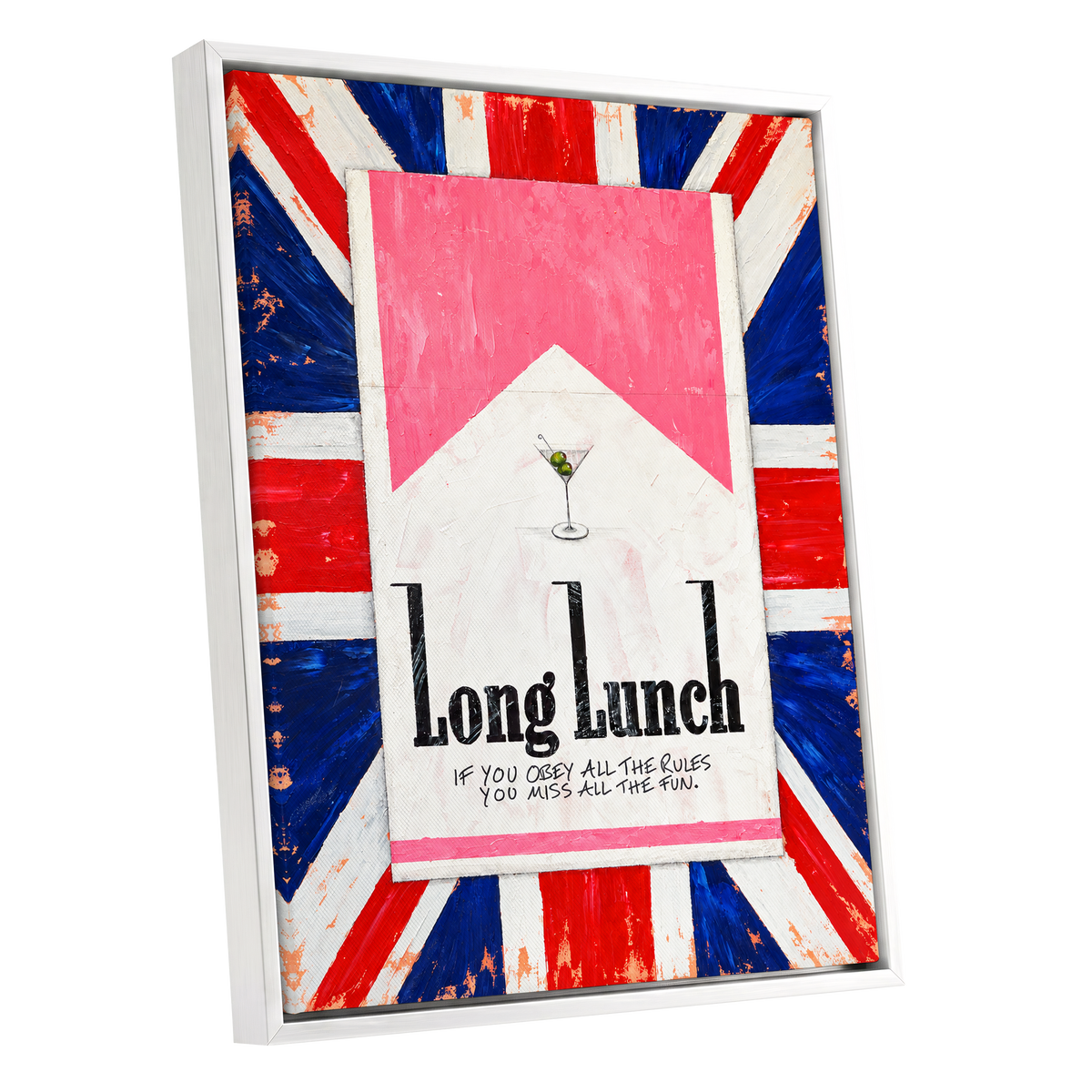 Long Lunch Rebellion, pink, white, blue abstract wall art shown as a white framed canvas wall art