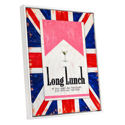 Long Lunch Rebellion, pink, white, blue abstract wall art shown as a white framed canvas wall art