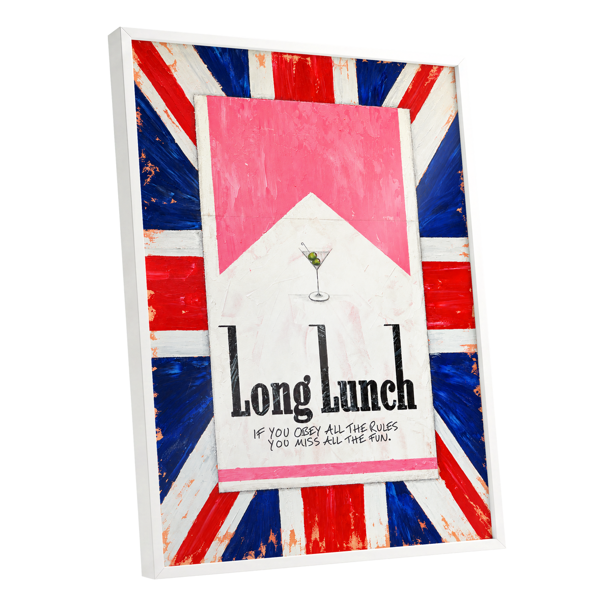 Long Lunch Rebellion, pink, white, blue abstract wall art shown as a white framed poster wall art print