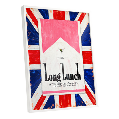 Long Lunch Rebellion, pink, white, blue abstract wall art shown as a white framed poster wall art print