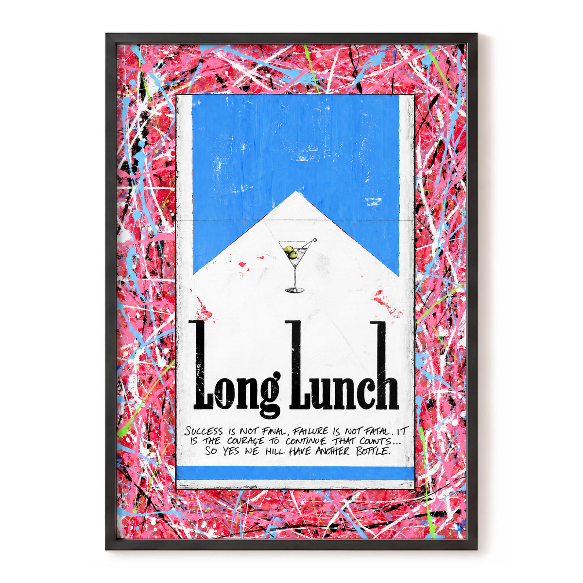Long Lunch Riot, pink, red, blue abstract wall art, front artwork view