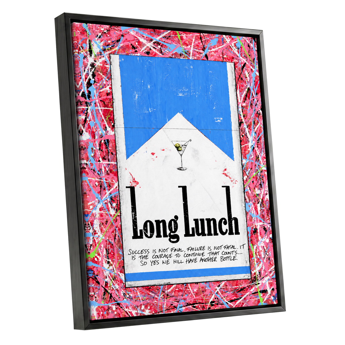 Long Lunch Riot, pink, red, blue abstract wall art shown as a black framed canvas wall art
