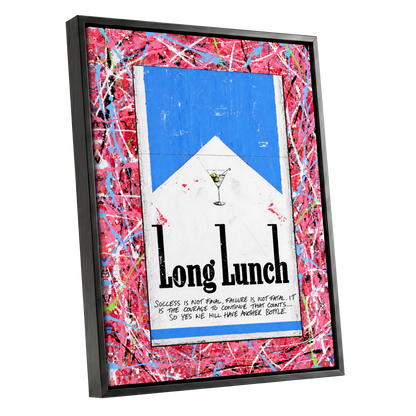 Long Lunch Riot, pink, red, blue abstract wall art shown as a black framed canvas wall art