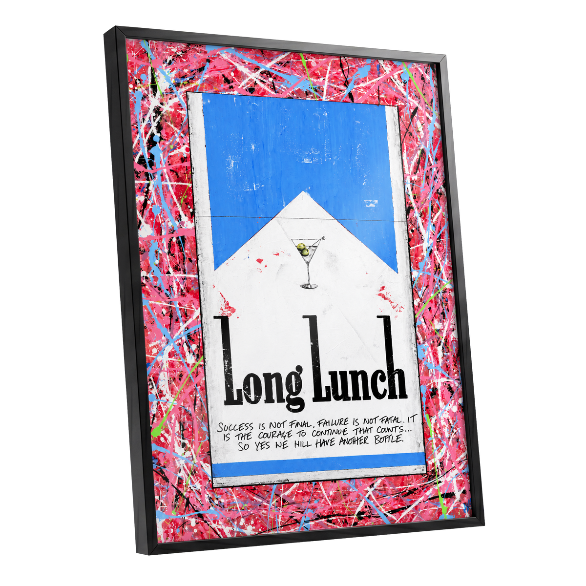 Long Lunch Riot, pink, red, blue abstract wall art shown as a black framed poster wall art print