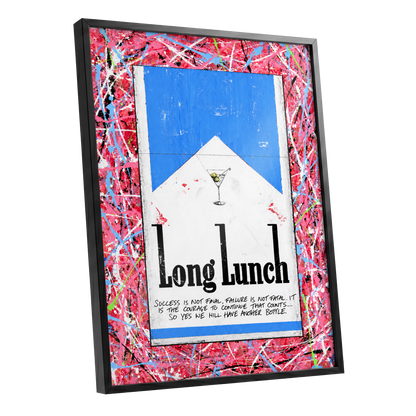 Long Lunch Riot, pink, red, blue abstract wall art shown as a black framed poster wall art print