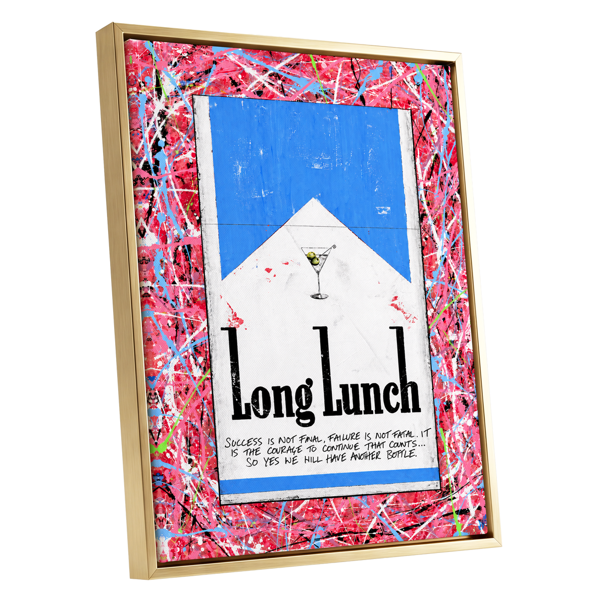 Long Lunch Riot, pink, red, blue abstract wall art shown as a gold framed canvas wall art