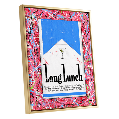 Long Lunch Riot, pink, red, blue abstract wall art shown as a gold framed canvas wall art
