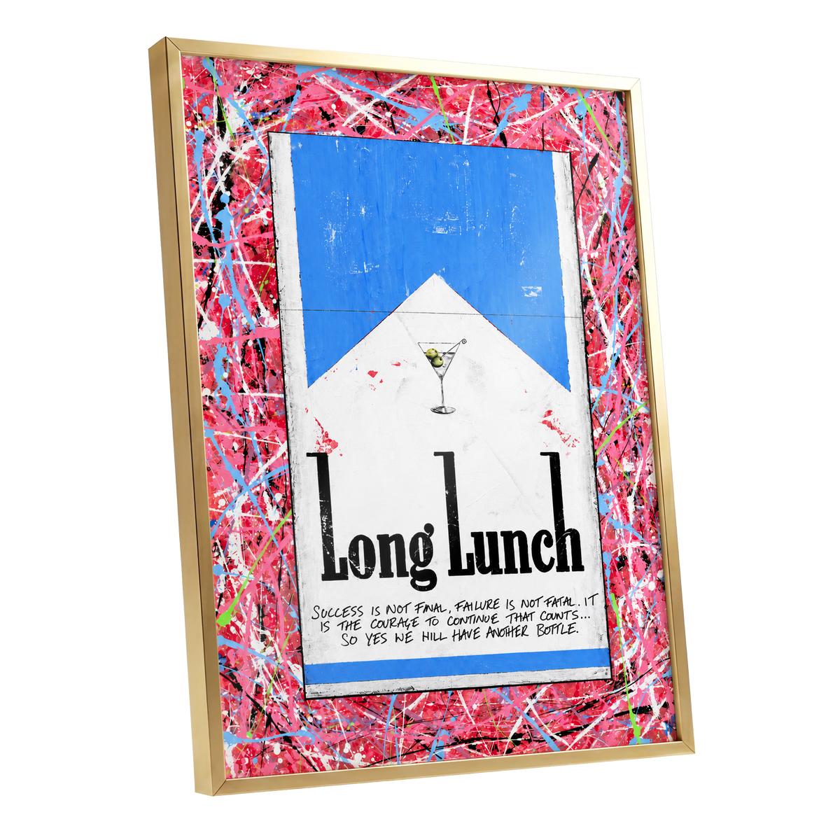 Long Lunch Riot, pink, red, blue abstract wall art shown as a gold framed poster wall art print