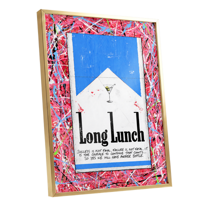 Long Lunch Riot, pink, red, blue abstract wall art shown as a gold framed poster wall art print
