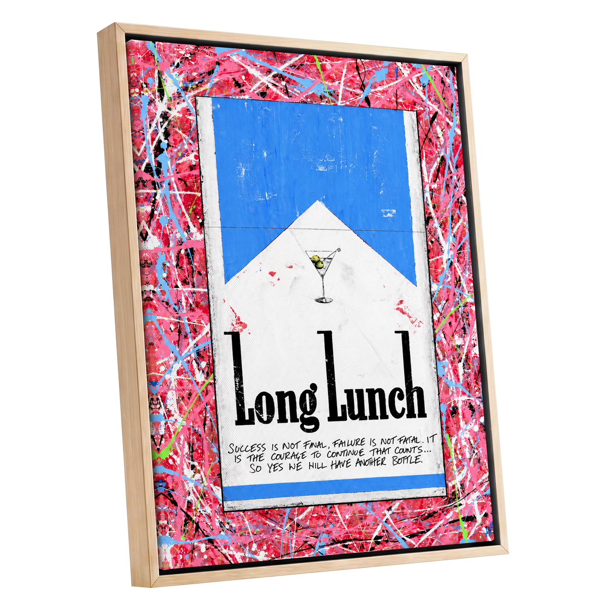 Long Lunch Riot, pink, red, blue abstract wall art shown as a oak framed canvas wall art