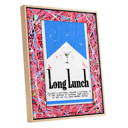 Long Lunch Riot, pink, red, blue abstract wall art shown as a oak framed canvas wall art