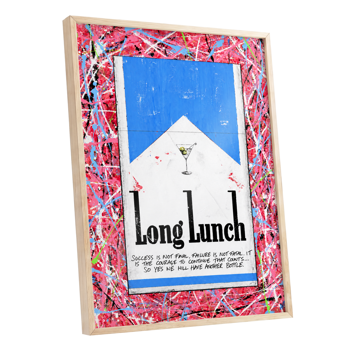 Long Lunch Riot, pink, red, blue abstract wall art shown as a oak framed poster wall art print