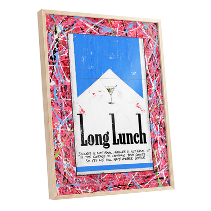 Long Lunch Riot, pink, red, blue abstract wall art shown as a oak framed poster wall art print