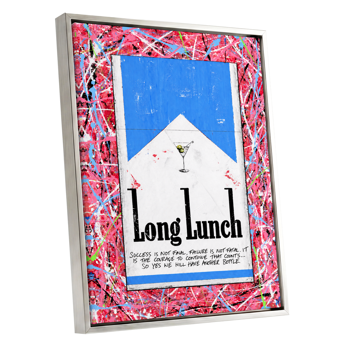 Long Lunch Riot, pink, red, blue abstract wall art shown as a silver framed canvas wall art