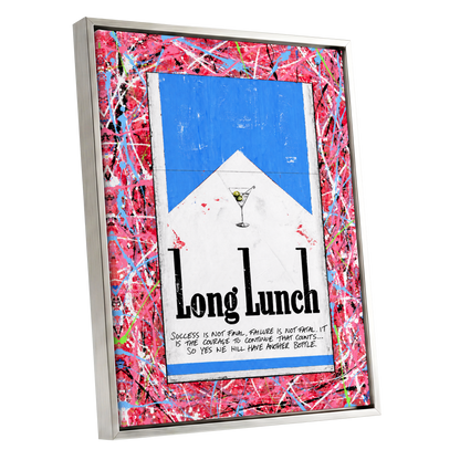 Long Lunch Riot, pink, red, blue abstract wall art shown as a silver framed canvas wall art