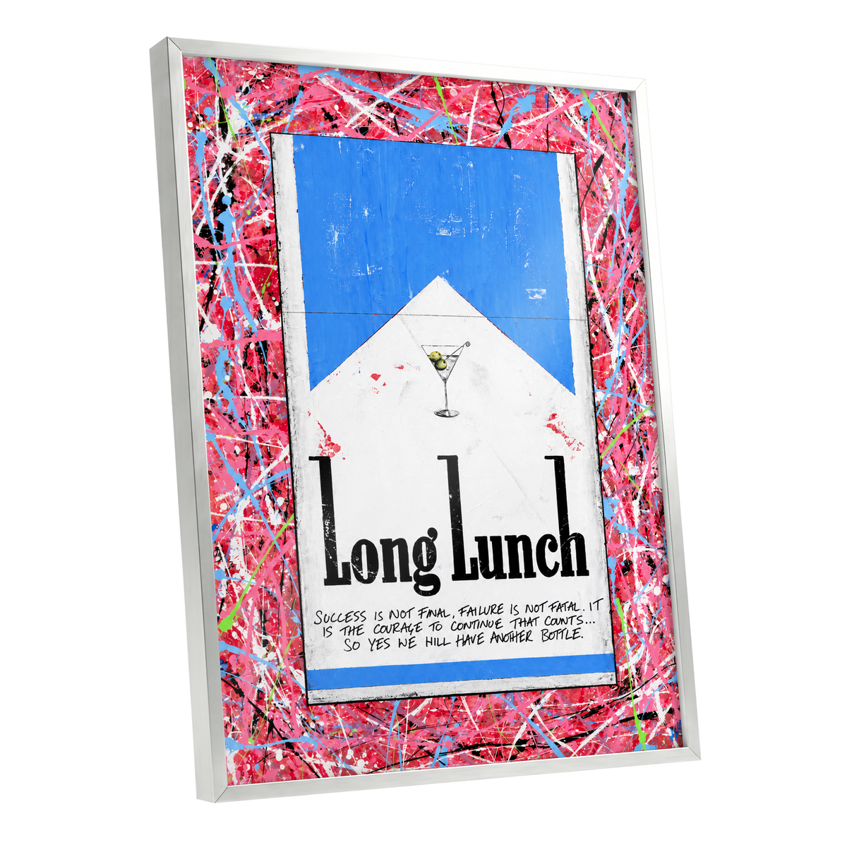 Long Lunch Riot, pink, red, blue abstract wall art shown as a silver framed poster wall art print