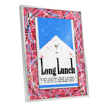 Long Lunch Riot, pink, red, blue abstract wall art shown as a silver framed poster wall art print