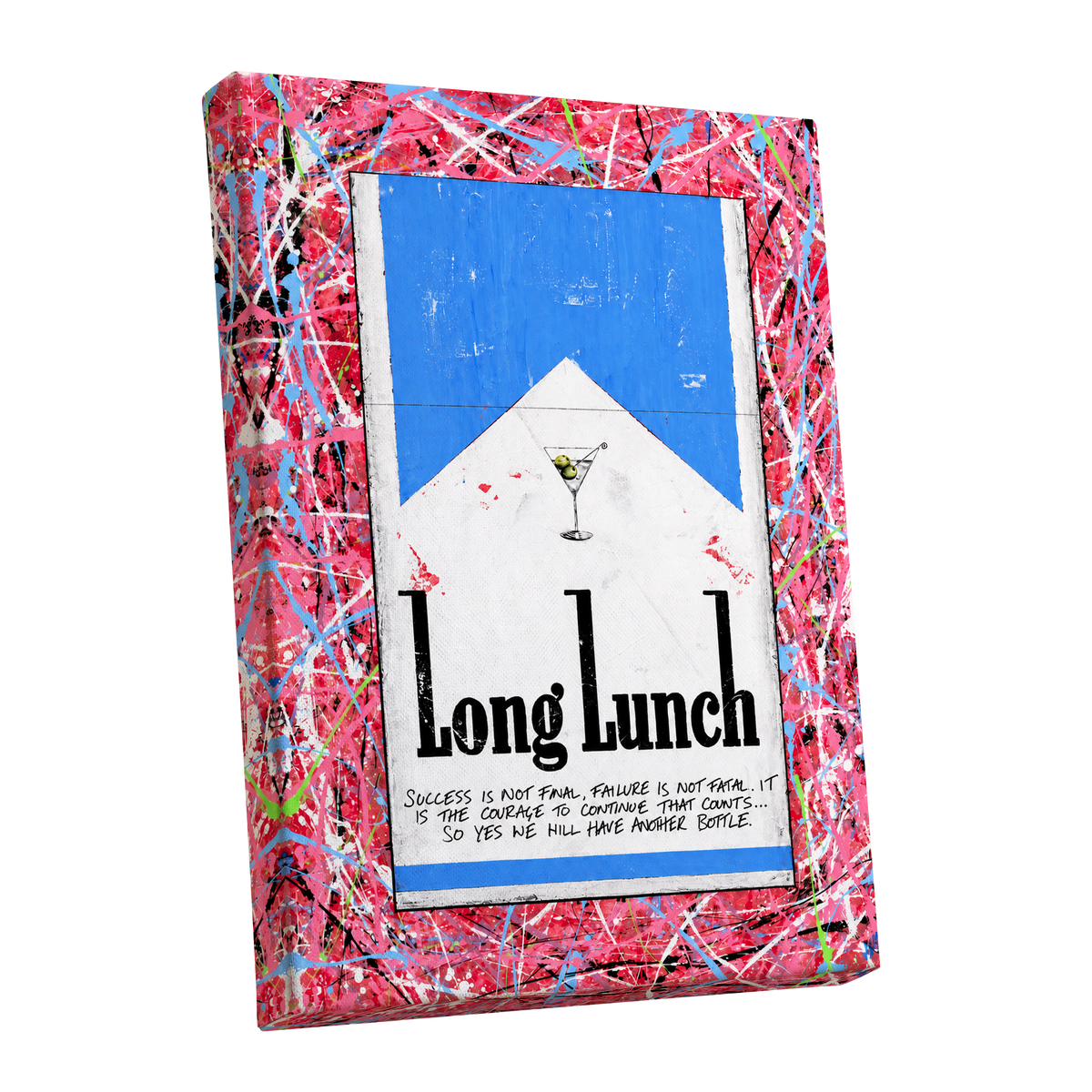 Long Lunch Riot, pink, red, blue abstract wall art shown as a stretched canvas wall art