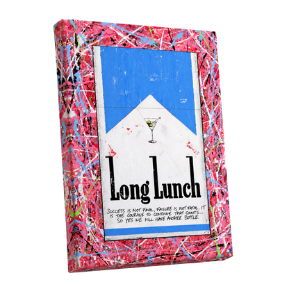 Long Lunch Riot, pink, red, blue abstract wall art shown as a stretched canvas wall art
